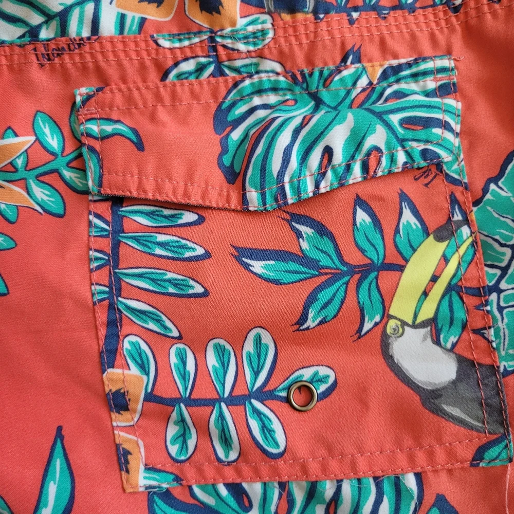 Dionne Co. Jeans Board Shorts Orange Tropical Print Pockets Drawstring  …